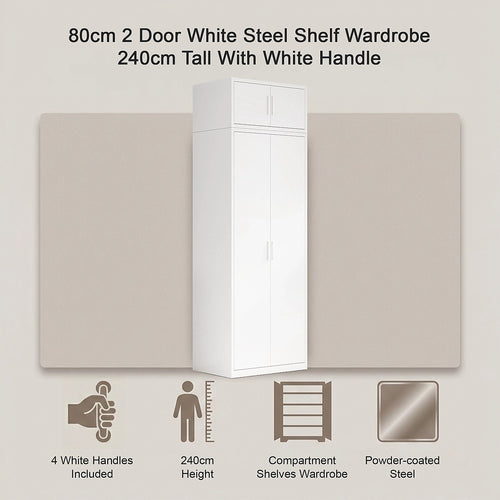 80x240cm 2-Door White Steel Shelf Wardrobe with White Handle Storage Cabinet