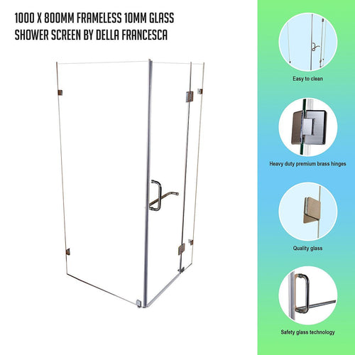 Frameless 10mm Glass Shower Screen 100 x 80cm Nickel Hinges/Brackets and Round Handle