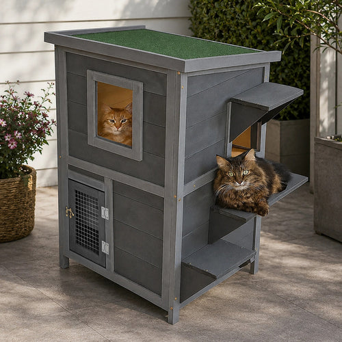 2-Story Wooden Cat House – Weatherproof Indoor/Outdoor Pet Shelter with Bitumen Roof