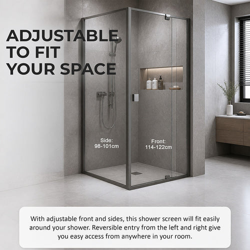 Semi-Frameless Shower Screen – Gunmetal, Front: (114~122)x195cm, Side: (98~101)x195cm