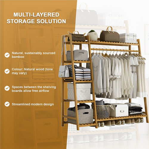 Portable Clothes Rack Coat Garment Stand Bamboo Rail