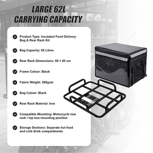 62L Insulated Food Delivery Bag with Motorcycle Rear Rack Kit