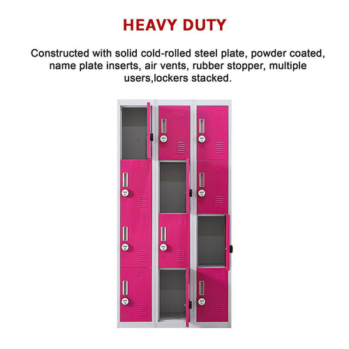 Grey with Pink Door 12-Door Locker for Office Gym Shed School Home Storage - 4-Digit Combination Lock