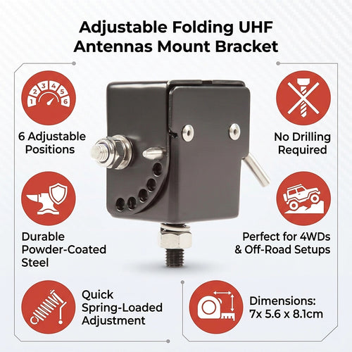Adjustable Folding UHF Antenna Mount Bracket – Black Bullbar Clamp for 4WD, Truck & Off-Road Vehicles