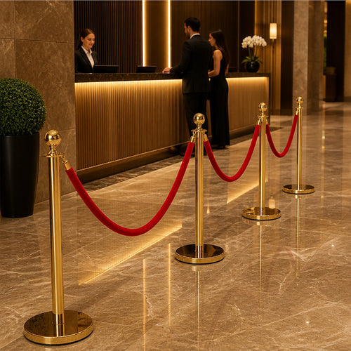 Crowd Control Bollards with 3 Red Ropes and 4 Gold Posts
