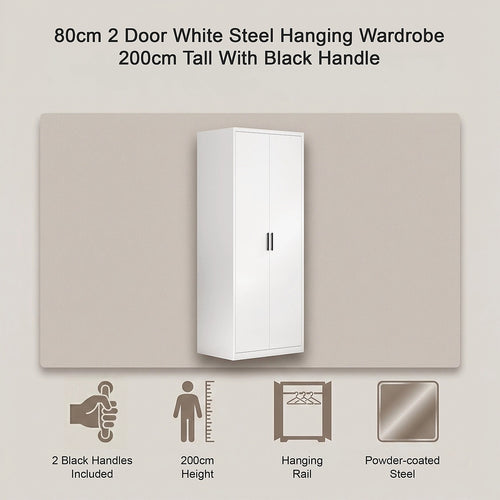 80x200cm 2-Door White Steel Hanging Wardrobe with Black Handle Storage Cabinet