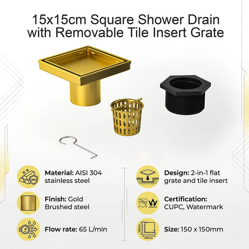15 x 15cm Square Shower Drain with Tile Insert Grate – Gold Stainless Steel