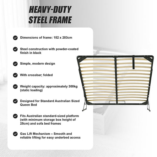 Gas Lift Bed Mechanism – Queen Bed Frame with Wooden Slats