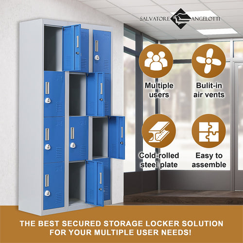 12-Door Locker – Grey with Blue Door with 3-Digit Combination Lock | Secure Storage for Office, Gym or School Use