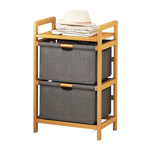 Bamboo Shelf with Storage Hamper – Wooden Organiser Rack with 2 Removable Laundry Bags