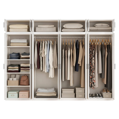 320x240cm 8-Door White Steel 3 Hanging and 1 Shelf Wardrobe with Black Handle Storage Cabinet