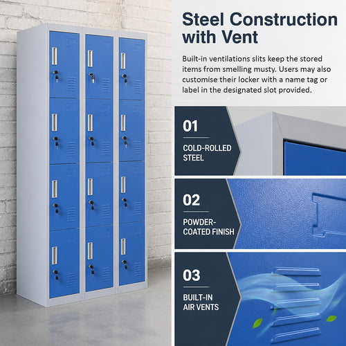 12-Door Steel Locker – Grey with Blue Door, Standard Lock with 2 Keys