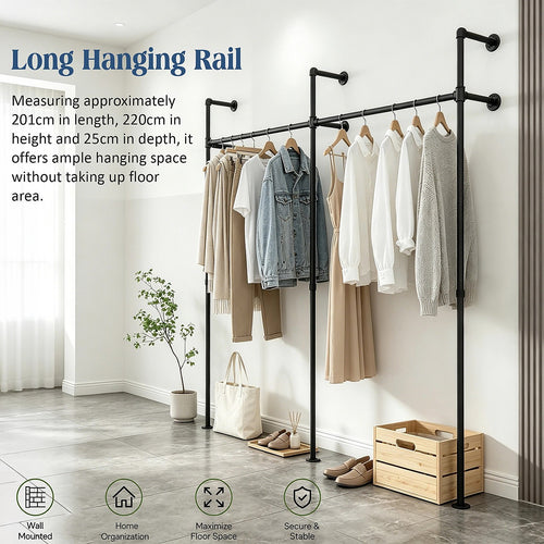 Industrial Pipe Clothes Rack Wall Mounted 201cm Heavy Duty Black