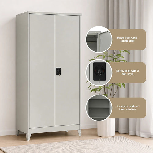 Double-Door Metal Cabinet with 4 Shelves – Office, Garage, or Home Storage in Grey with Legs