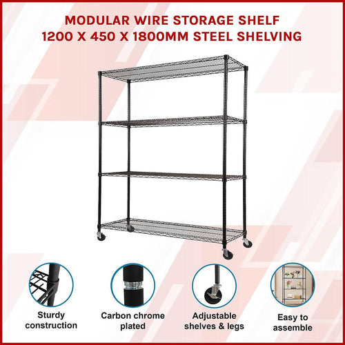 Modular Wire Storage Shelf 1200 x 450 x 1800mm Steel Shelving - Baking Black Technology with Wheels