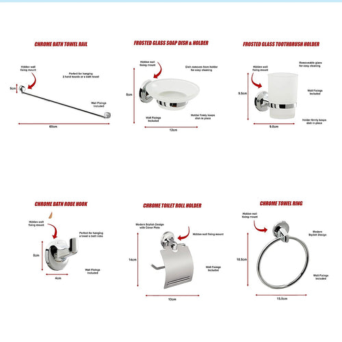 Bathroom Accessories Set 6 Piece Pack Chrome Wall Mounted Easy Fittings