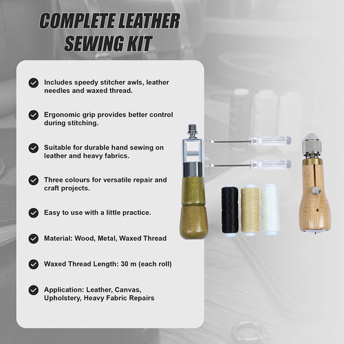 Leather Sewing Kit with Speedy Stitcher Awl, Waxed Thread & Repair Needles for Leather, Canvas & Upholstery