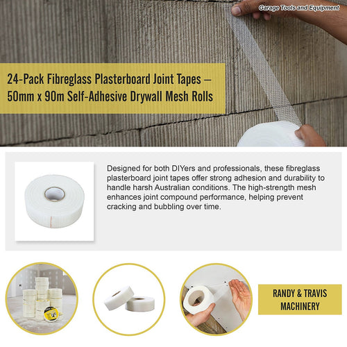 24-Pack Fibreglass Plasterboard Joint Tapes – 50mm x 90m Self-Adhesive Drywall Mesh Rolls for Strong Seam Repairs