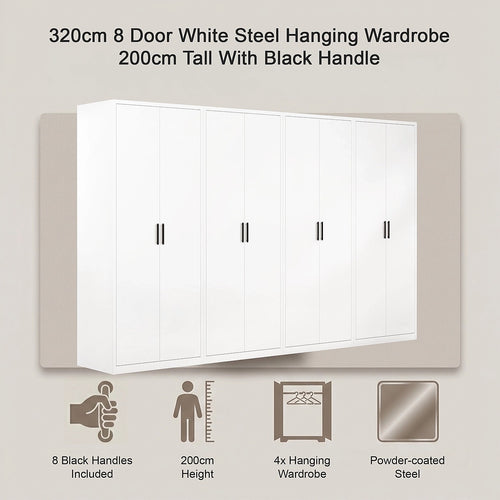320x200cm 8-Door White Steel Hanging Wardrobe with Black Handle Storage Cabinet