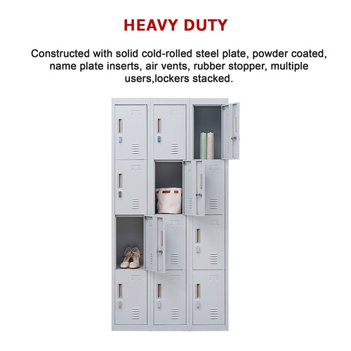 12-Door Locker – Grey with Padlock-operated | Secure Storage for Office, Gym or School Use