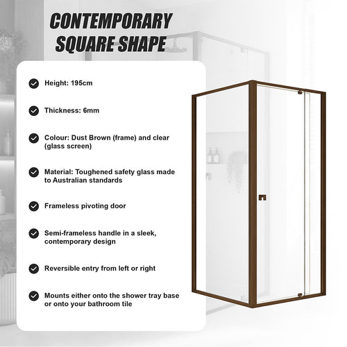 Semi-Frameless Shower Screen – Dust Brown, Front: (82~90)x195cm, Side: (89~92)x195cm