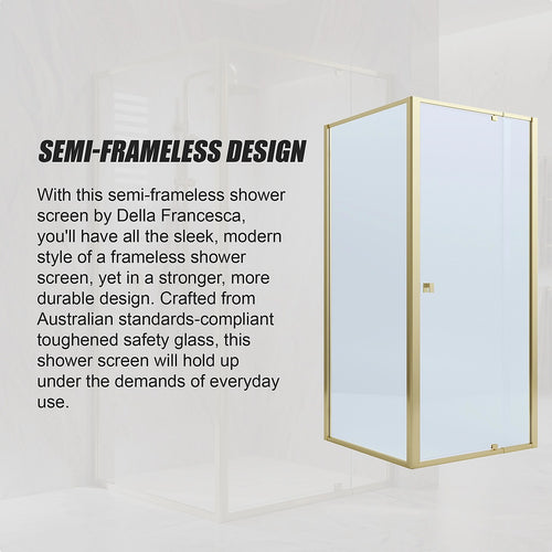 Adjustable Semi Frameless Shower Screen Front: (74~82)x195cm with Gold Hardware and Side: (89~92)x195cm
