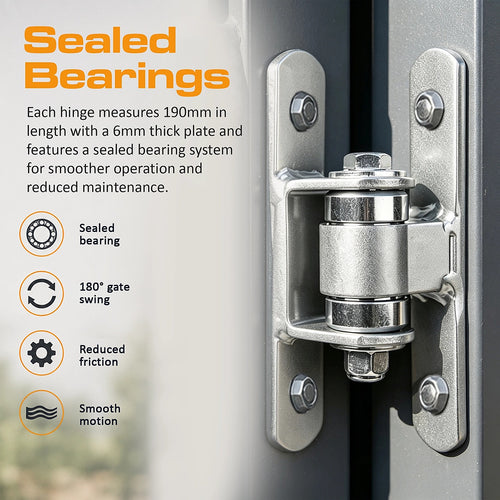 Heavy Duty Gate Hinges 190mm Adjustable Sealed Bearing Pair