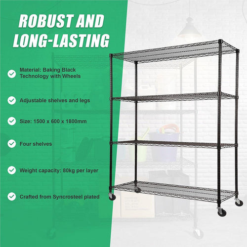 Modular Wire Storage Shelf 1500 x 600 x 1800mm Steel Shelving - Baking Black Technology with Wheels