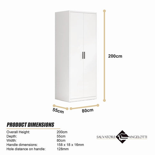 80x200cm 2-Door White Steel Shelf Wardrobe with Black Handle Storage Cabinet