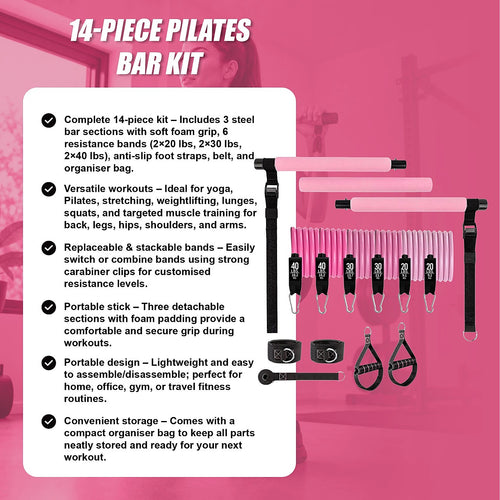 14-Piece Pilates Bar Kit with Resistance Bands & Belt – Versatile Home Fitness Pedal Puller for Full-Body Workouts