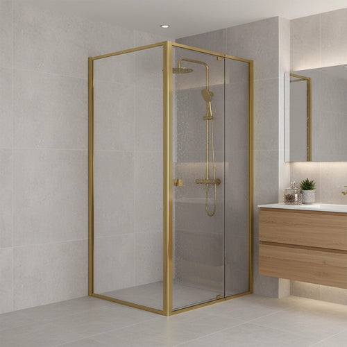 Adjustable Semi Frameless Shower Screen Front: (98~106)x195cm with Gold Hardware and Side: (89~92)x195cm