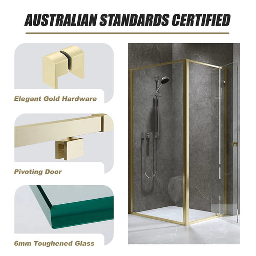 Adjustable Semi Frameless Shower Screen Front: (74~82)x195cm with Gold Hardware and Side: (98~101)x195cm