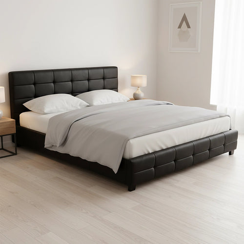 King Deluxe Black PU Leather Upholstered Bed Frame with Headboard & Slats