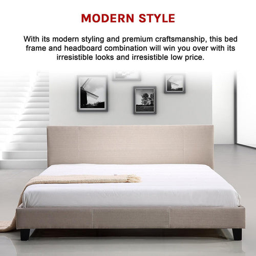 King Bed Frame Beige Linen Fabric