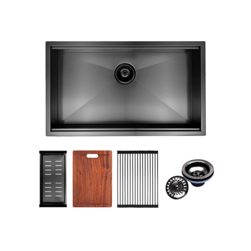 32" Workstation Kitchen Single Bowl Sink in Nano Black with Brushed Finish