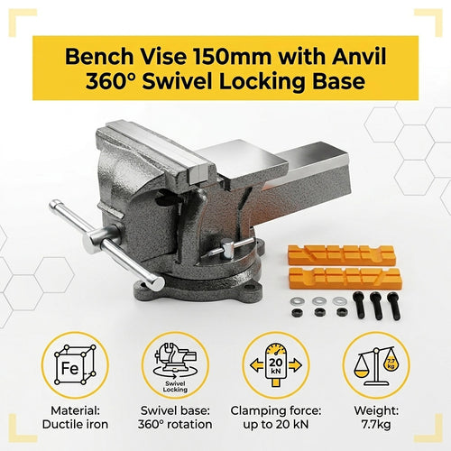 150mm Bench Vise with Anvil 360° Swivel Base Heavy Duty Ductile Iron