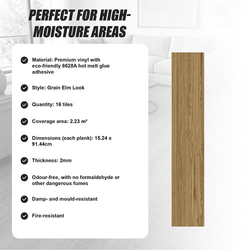 Self Adhesive Vinyl Floor Tiles Peel & Stick Flooring Grain Elm Look 16 Pack 2.3m²