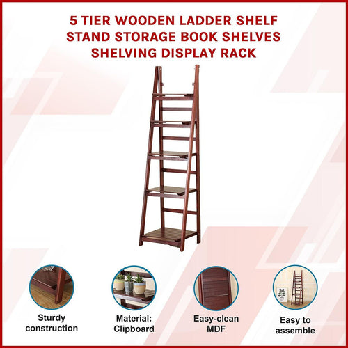 5 Tier Wooden Ladder Shelf Stand Storage Book Display Rack - Coffee