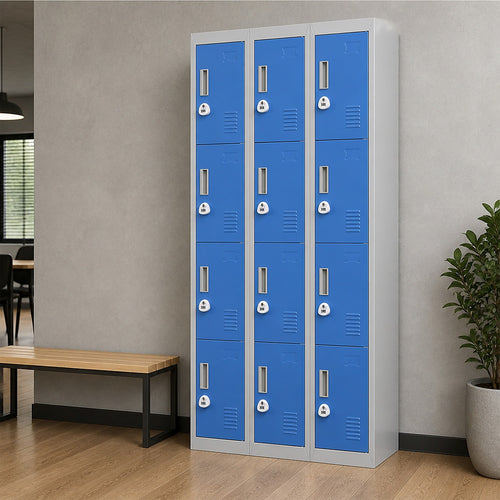 12-Door Steel Locker – Grey with Blue Door, 3-Digit Combination Lock