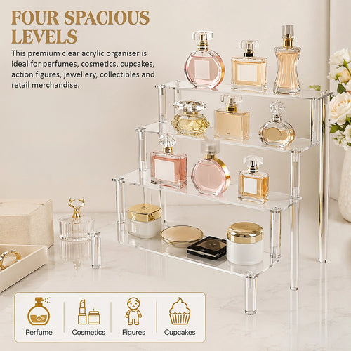 4 Tier Acrylic Display Riser Stand Clear Perfume Organiser Shelf for Cupcakes, Figures, Collectibles & Retail Displays