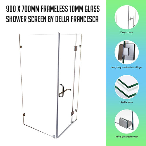 Frameless 10mm Glass Shower Screen 90 x 70cm Nickel Hinges/Brackets and Round Handle