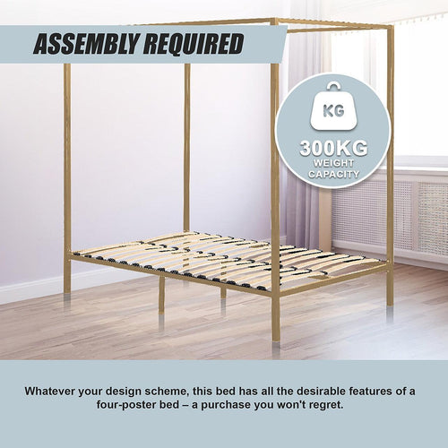 4 Four Poster Queen Bed Frame - Gold