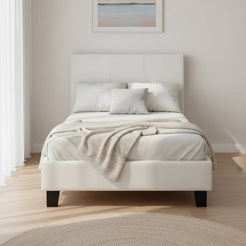 Single Size Bed Frame with Headboard – White PU Leather
