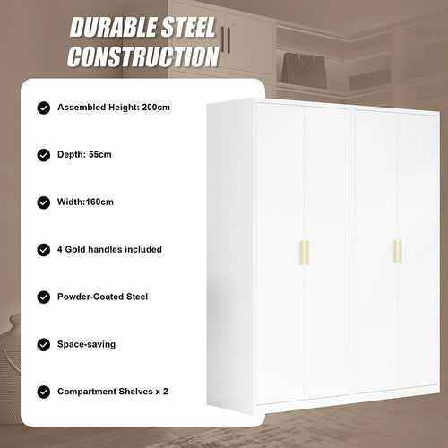 160x200cm 4-Door White Steel Shelf Wardrobe with Gold Handle Storage Cabinet