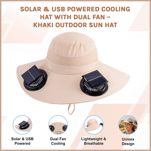 Solar & USB Powered Cooling Hat with Dual Fan – Khaki Outdoor Sun Hat