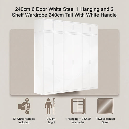 240x240cm 6-Door White Steel 1 Hanging and 2 Shelf Wardrobe with White Handle Storage Cabinet