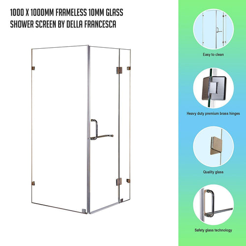 Frameless 10mm Glass Shower Screen 100 x 100cm Nickel Hinges/Brackets and Round Handle
