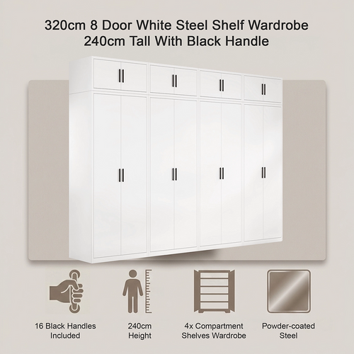 320x240cm 8-Door White Steel Shelf Wardrobe with Black Handle Storage Cabinet