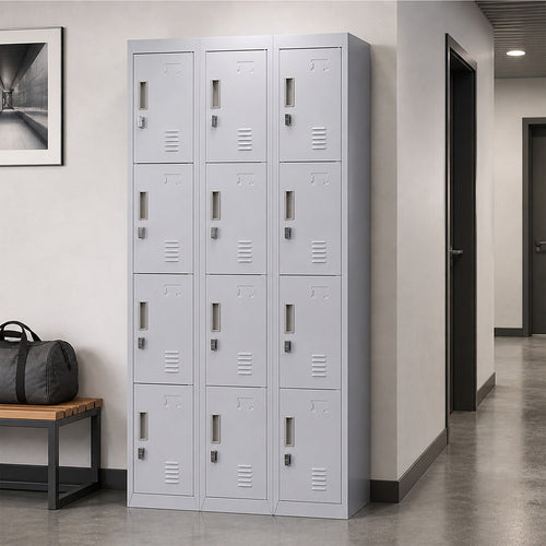 12-Door Steel Locker – Grey, Padlock-operated