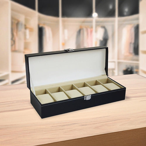 6 Slot Men’s Watch Display Case Box Black PU Leather